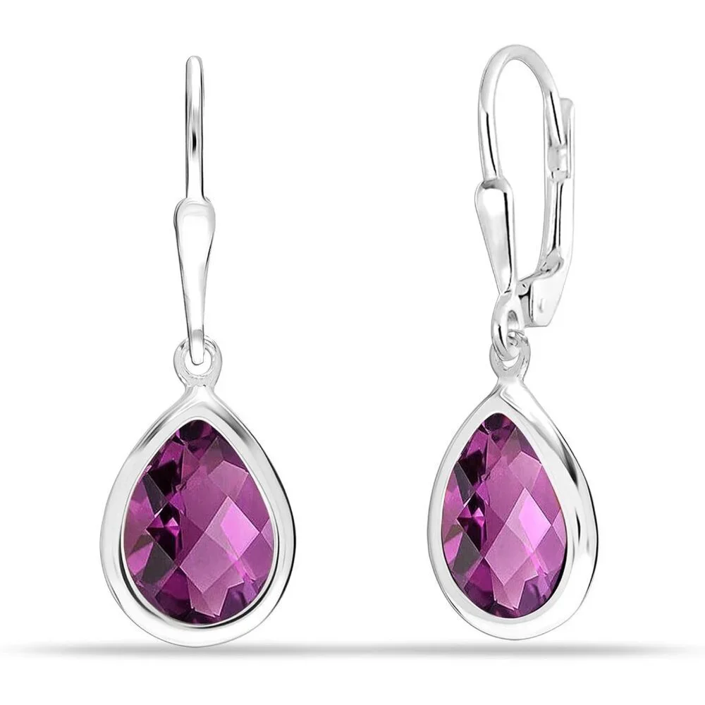 Women's Sterling Silver Drop Created Birthstone Leverback Purple Earring - Picture 1 of 6
